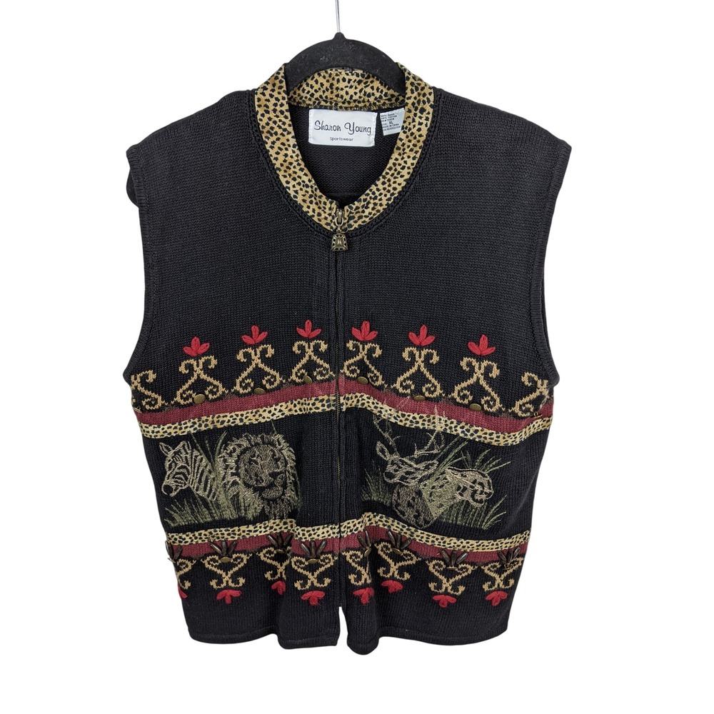 Vintage Safari Knitted Vest XL Full Zip Zebra‎ Lion Deer Leopard Black